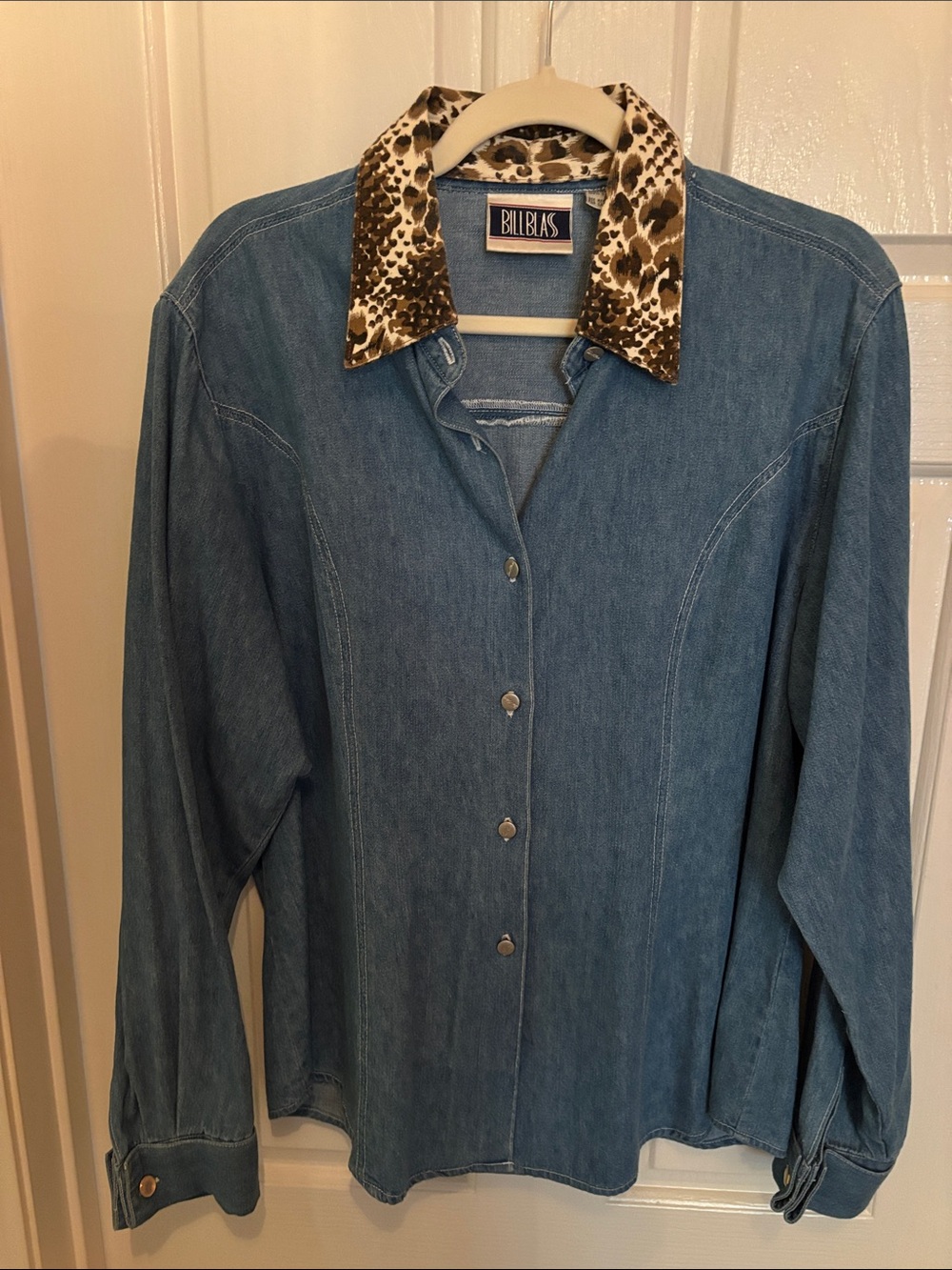 bill blass Blue Denim Button-Up Top with Animal Print Collar